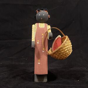 Vintage Wooden American Folk Art Doll Wooden Peg With Basket and Watermelon